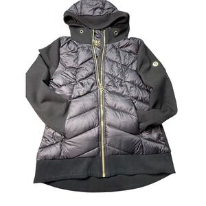 Michael Michael Kors Womens Black Hybrid Quilted Puffer Hooded Jacket Gold MK M